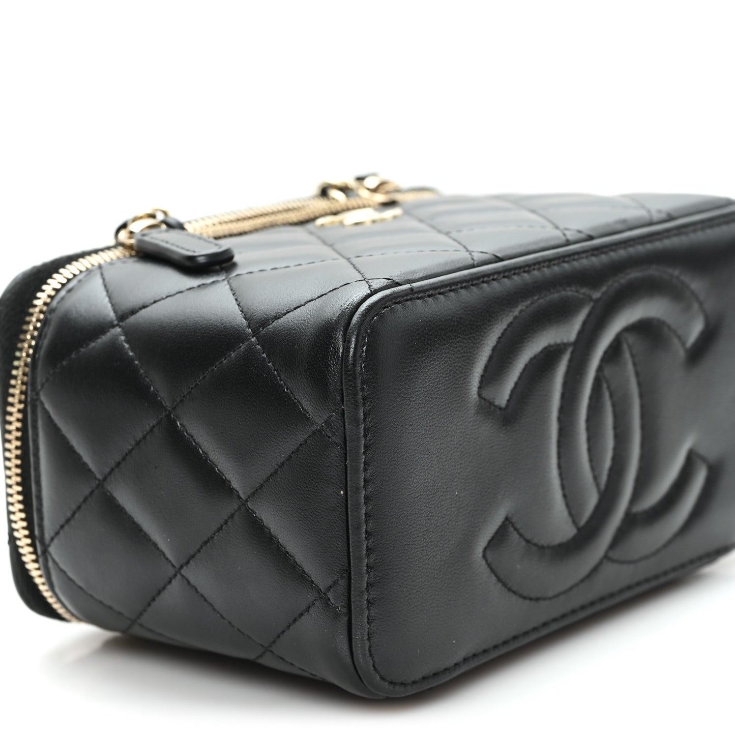 Lambskin Quilted Small Top Handle Vanity Case With Chain Black