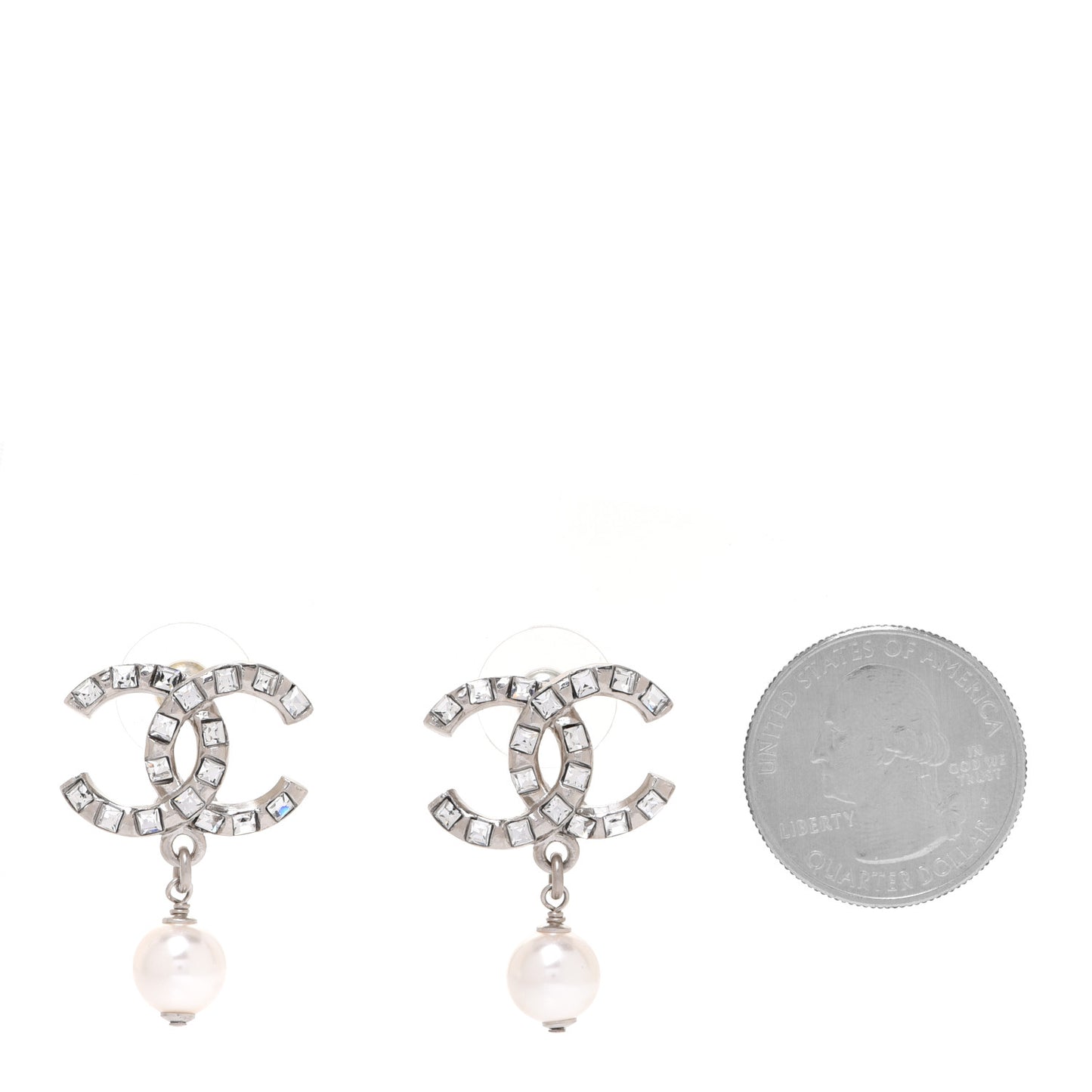 Crystal Baguette Pearl CC Drop Earrings Silver