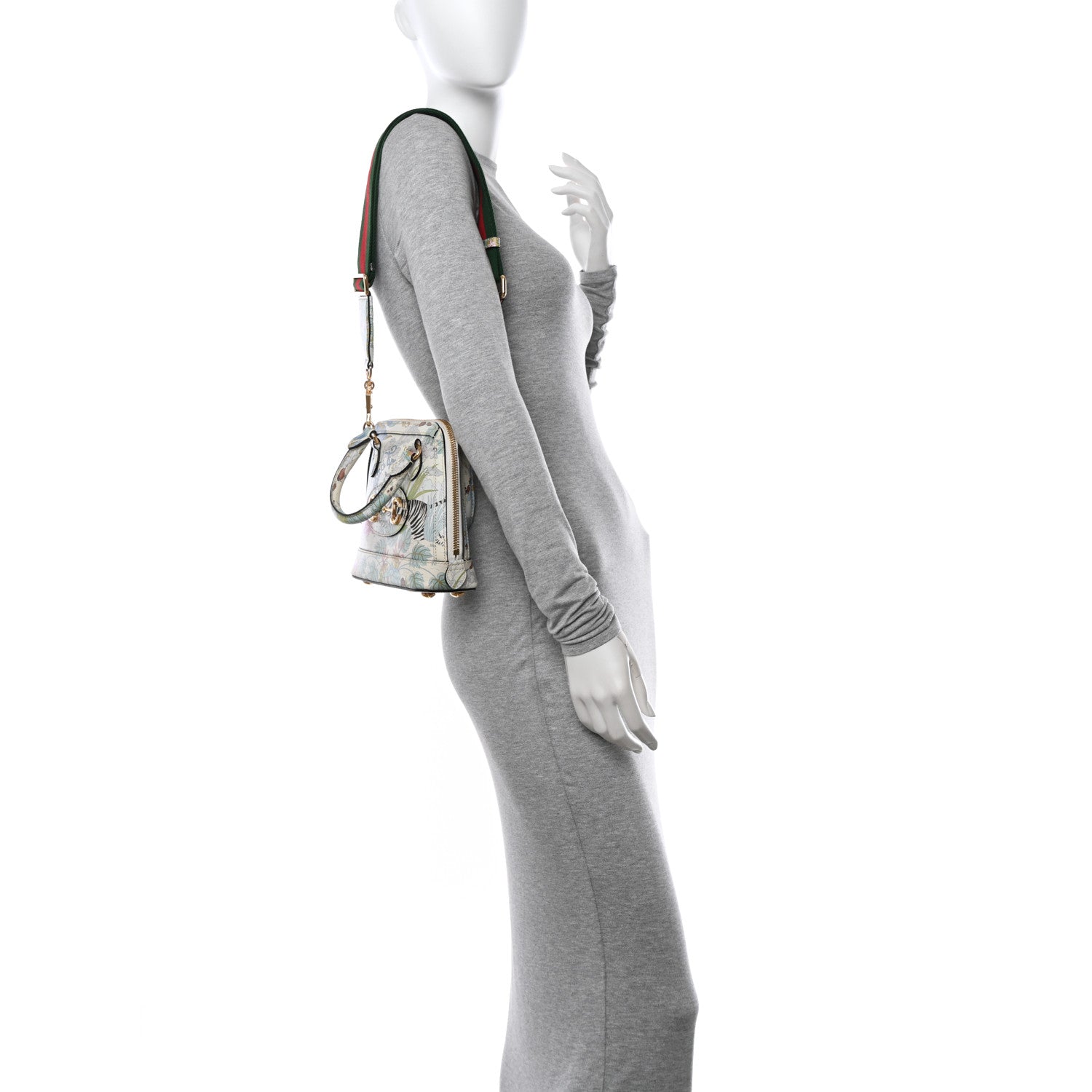 Gucci New Shangai Calfskin Tiger Savanah Web Small Horsebit 1955 Top Handle Bag Chalky White Multicolor 2 of 14