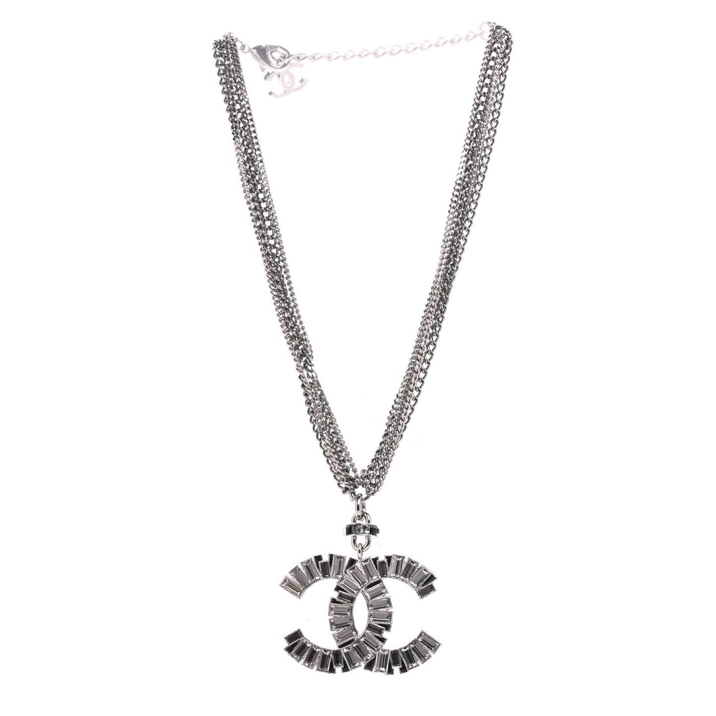 Baguette Crystal CC Multi Strand Pendant Necklace Silver