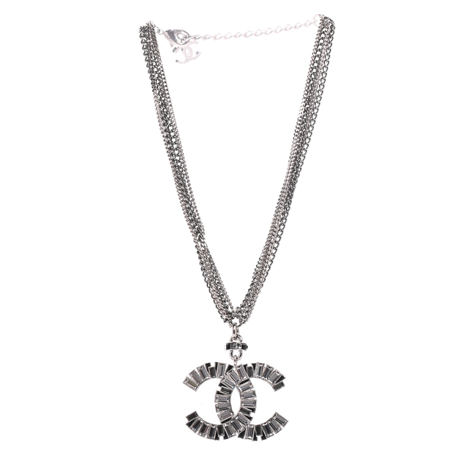 Chanel Baguette Crystal CC Multi Strand Pendant Necklace Silver 3 of 5