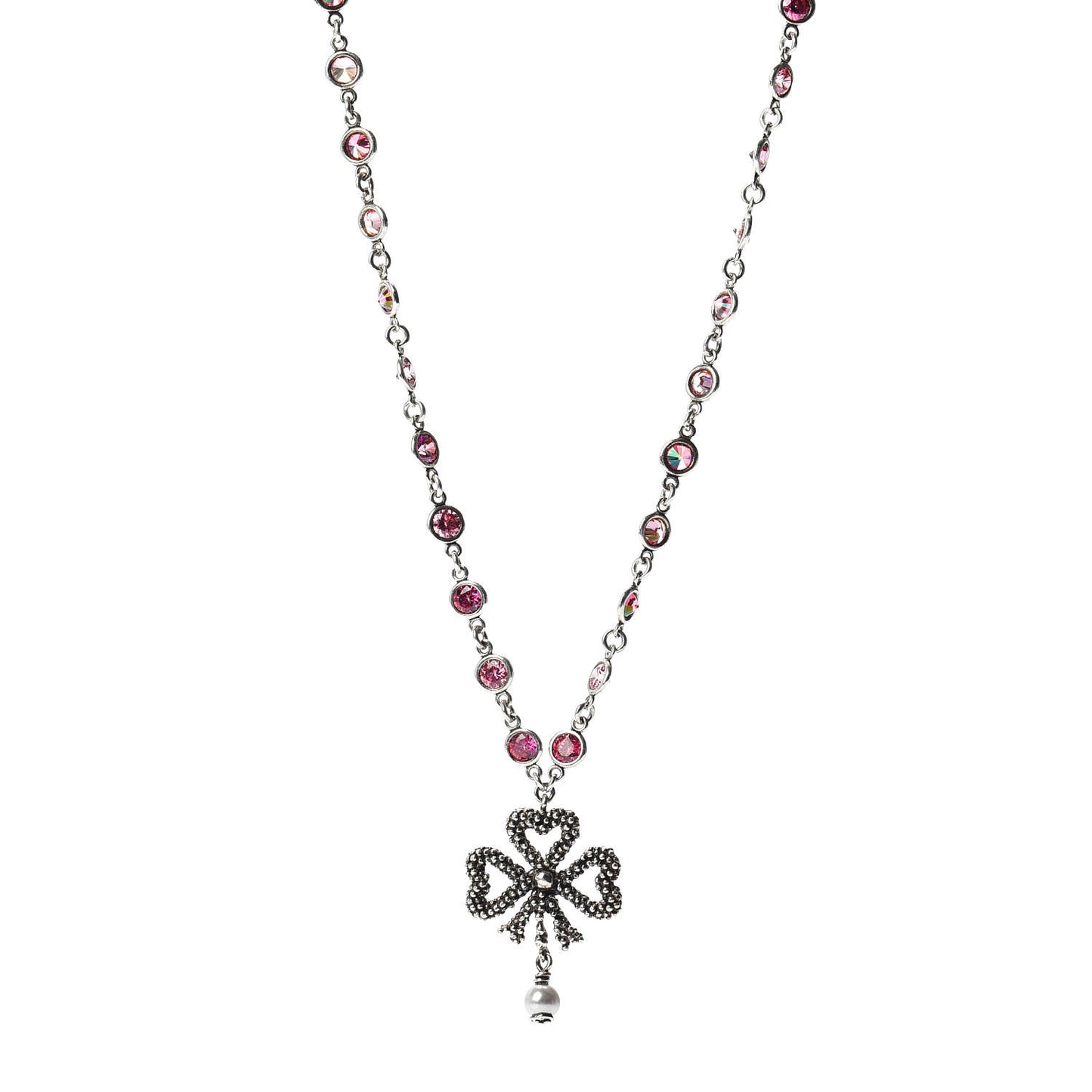 Sterling Silver Crystal Pearl Heart Ribbon Pendant Necklace