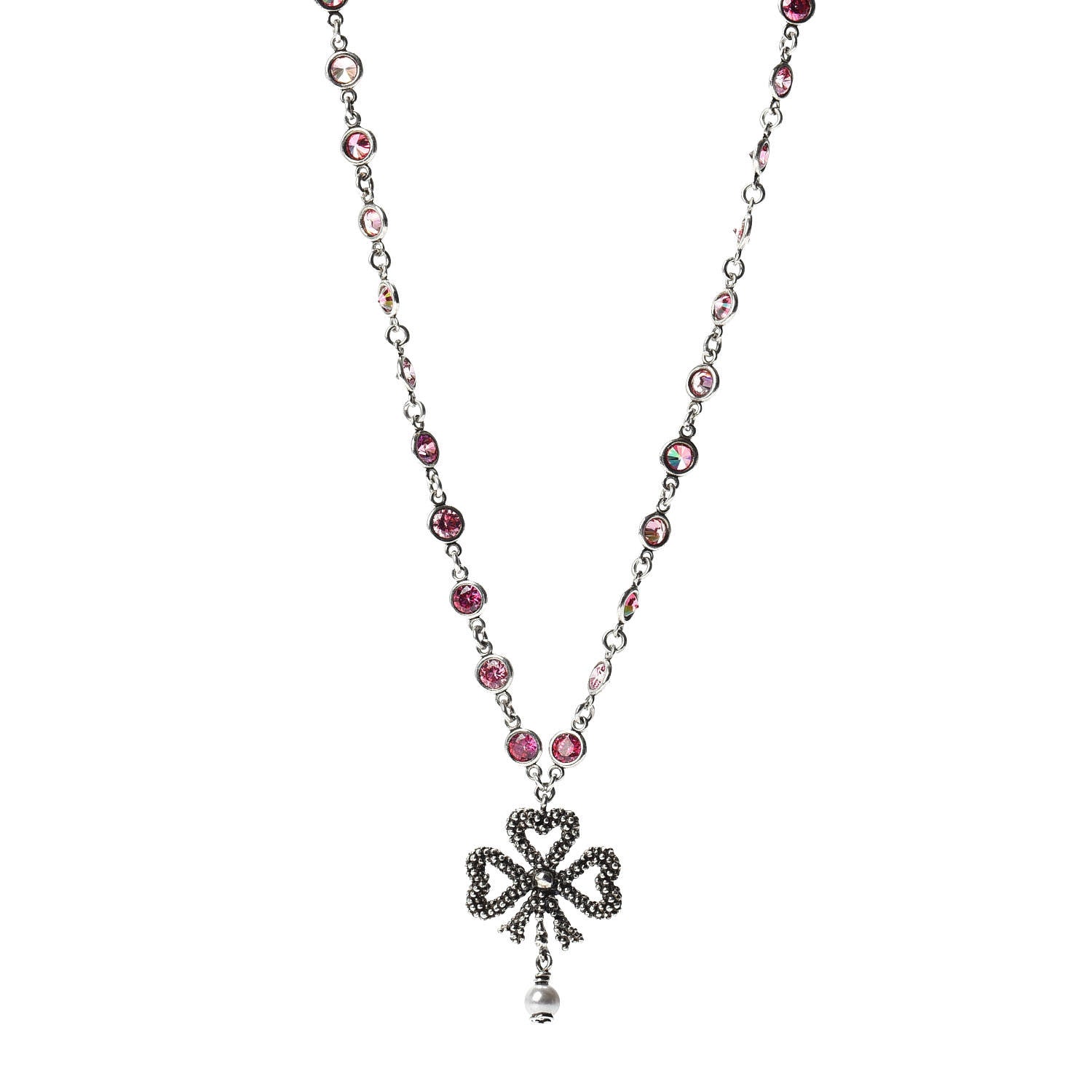 Gucci Sterling Silver Crystal Pearl Heart Ribbon Pendant Necklace 1 of 5