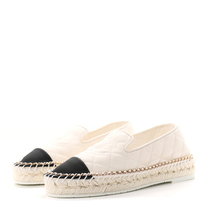 Chanel Shiny Lambskin Quilted Grosgrain Cap Toe CC Chain Espadrilles 37 White Black 4 of 10