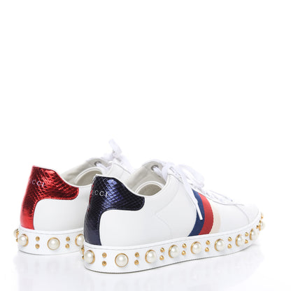 Gucci Calfskin Ayers Web Pearl Studded Womens Ace Sneakers 41 White 4 of 8