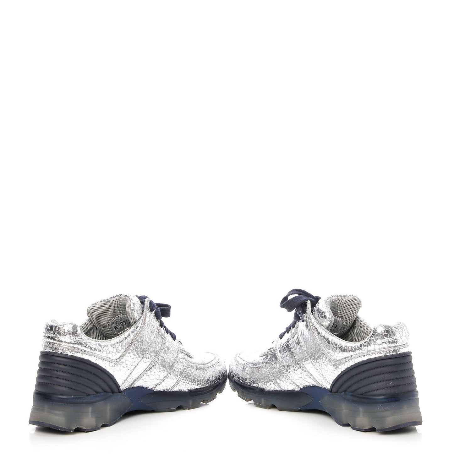 Metallic Crackled Calfskin CC Sneakers 37 Silver Black Navy