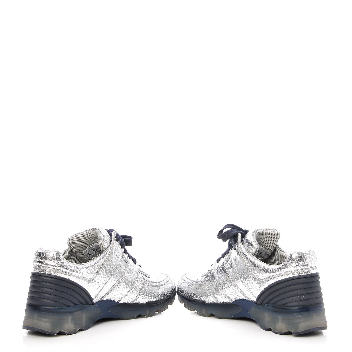 Chanel Metallic Crackled Calfskin CC Sneakers 37 Silver Black Navy 6 of 10