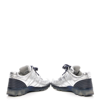 Chanel Metallic Crackled Calfskin CC Sneakers 37 Silver Black Navy 6 of 10