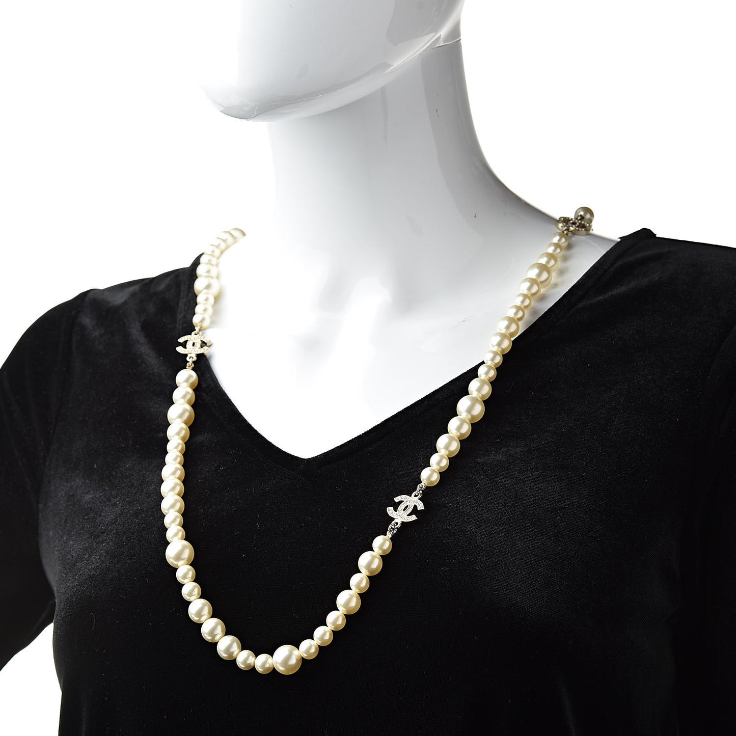 Pearl Crystal Long CC Necklace Gold