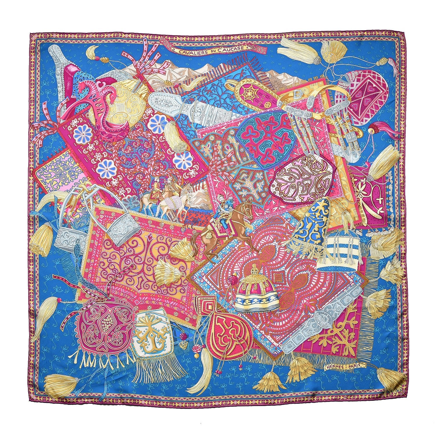 Hermes Silk Cavaliers du Caucase Scarf 90 Cobalt Fuchsia Vieil Or 1 of 5