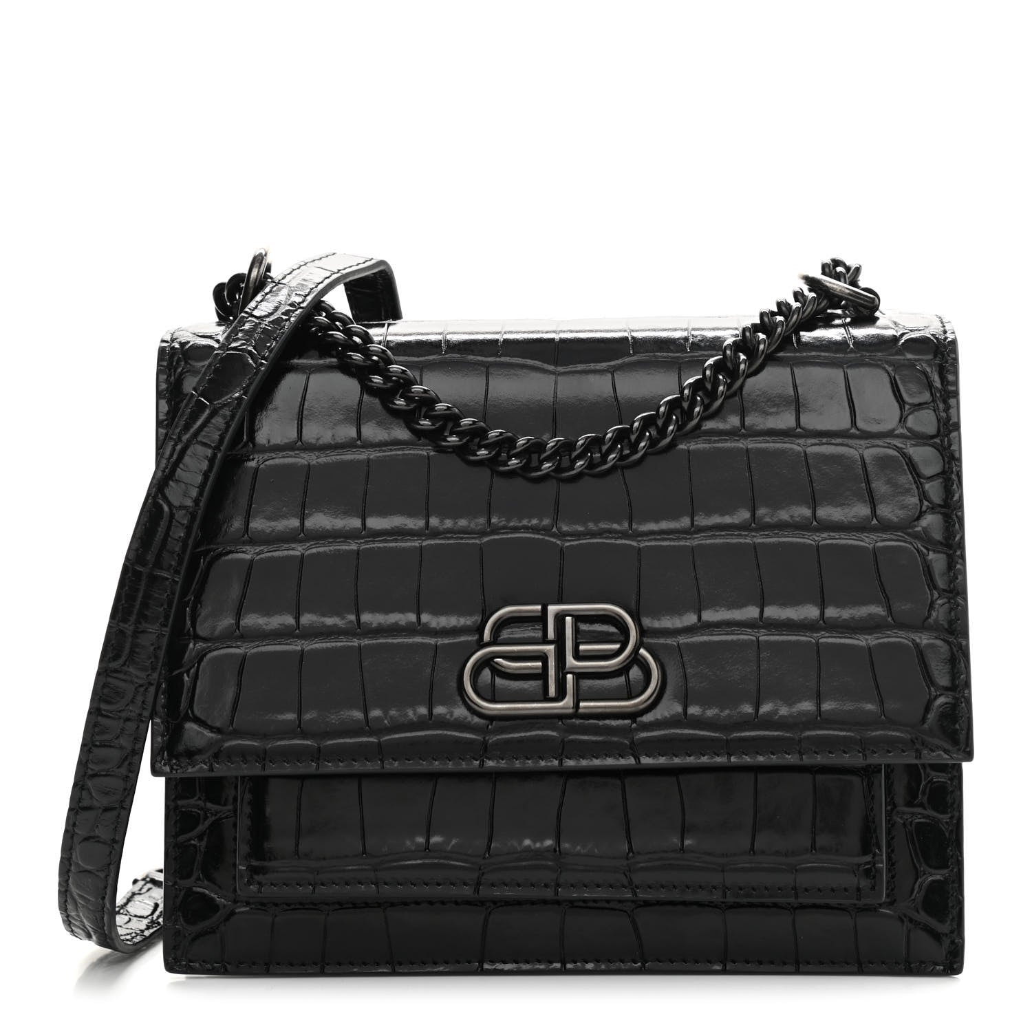 Balenciaga Shiny Calfskin Monochrome Crocodile Embossed S Sharp Chain Shoulder Bag Black 1 of 14