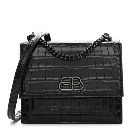 Balenciaga Shiny Calfskin Monochrome Crocodile Embossed S Sharp Chain Shoulder Bag Black 1 of 14