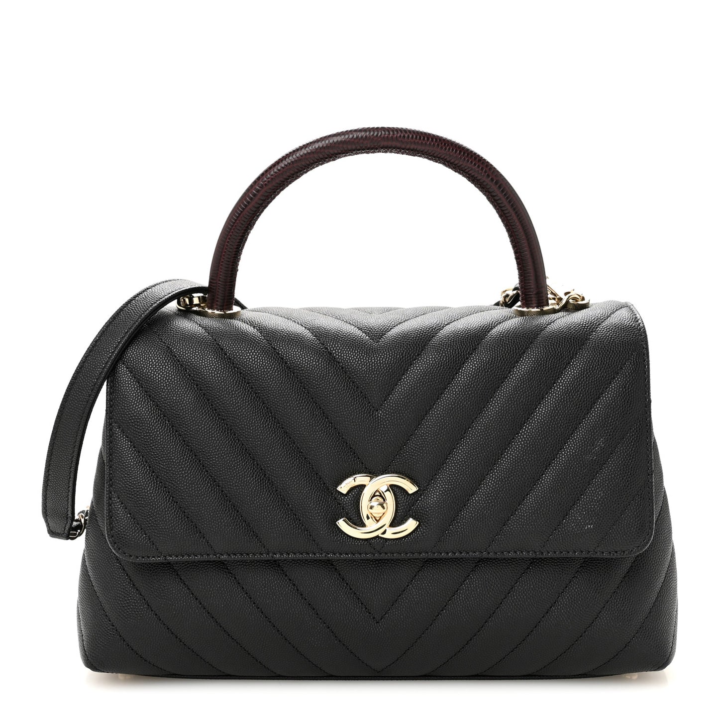 Caviar Lizard Embossed Quilted Chevron Small Coco Handle Flap Black