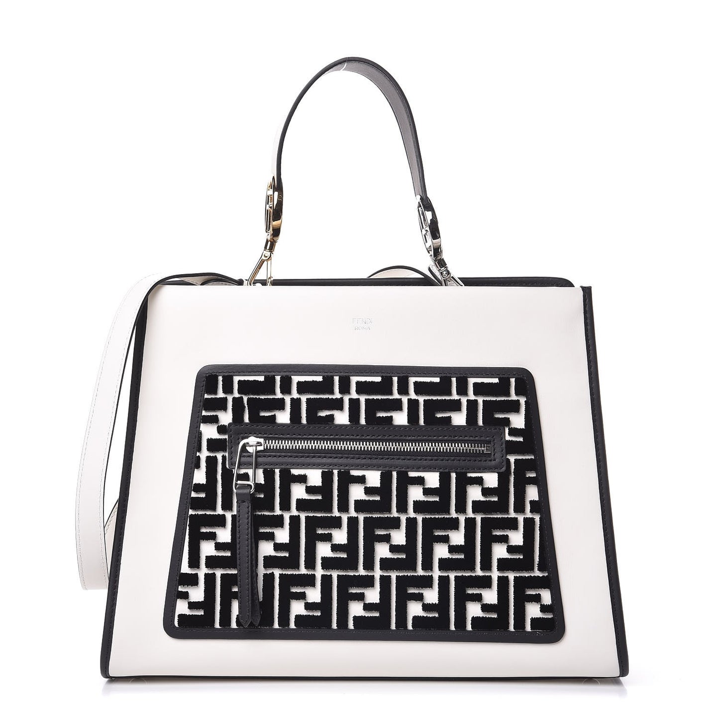 Vitello Century Velvet F is Fendi FF Embroidered Regular Runaway Satchel White Black