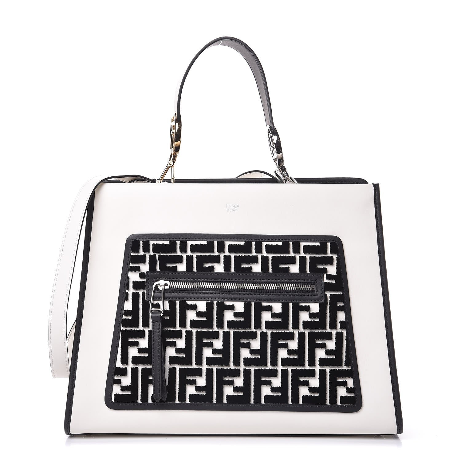 Fendi Vitello Century Velvet F is Fendi FF Embroidered Regular Runaway Satchel White Black 1 of 11