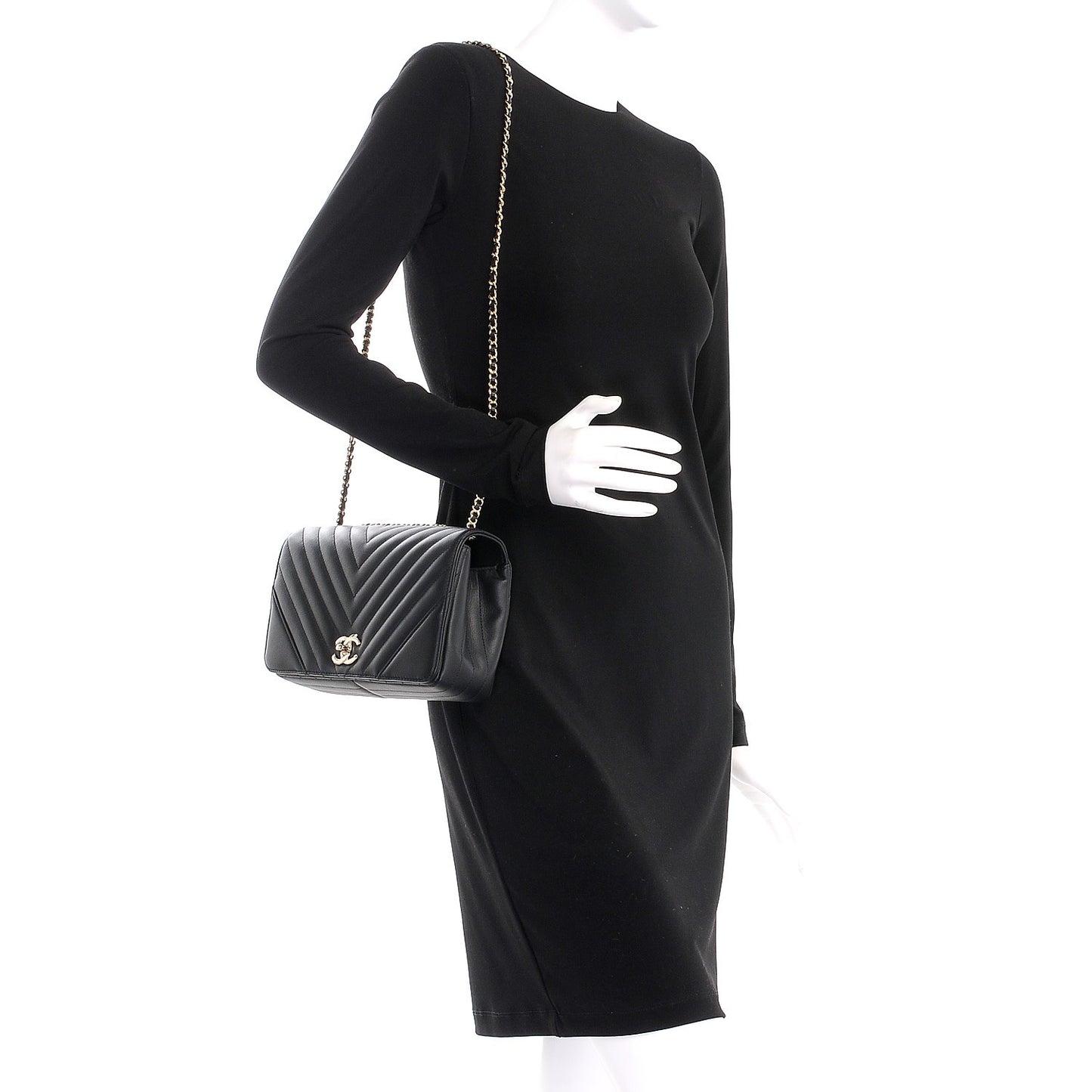 Calfskin Chevron Quilted Small Statement Flap Black
