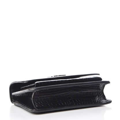 Saint Laurent Calfskin Crocodile Embossed Monogram Sunset Chain Wallet Black 4 of 12