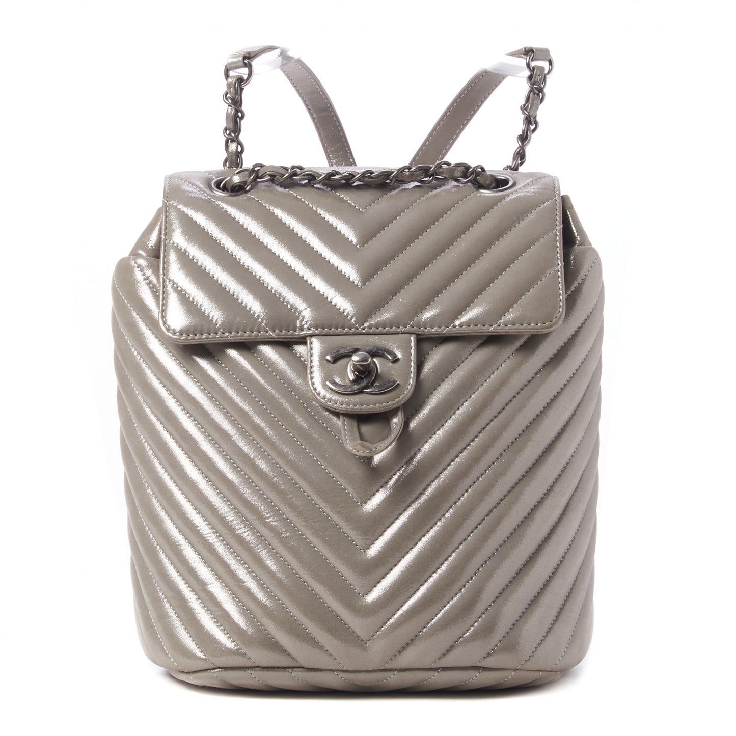 Metallic Calfskin Chevron Quilted Small Urban Spirit Backpack Silver