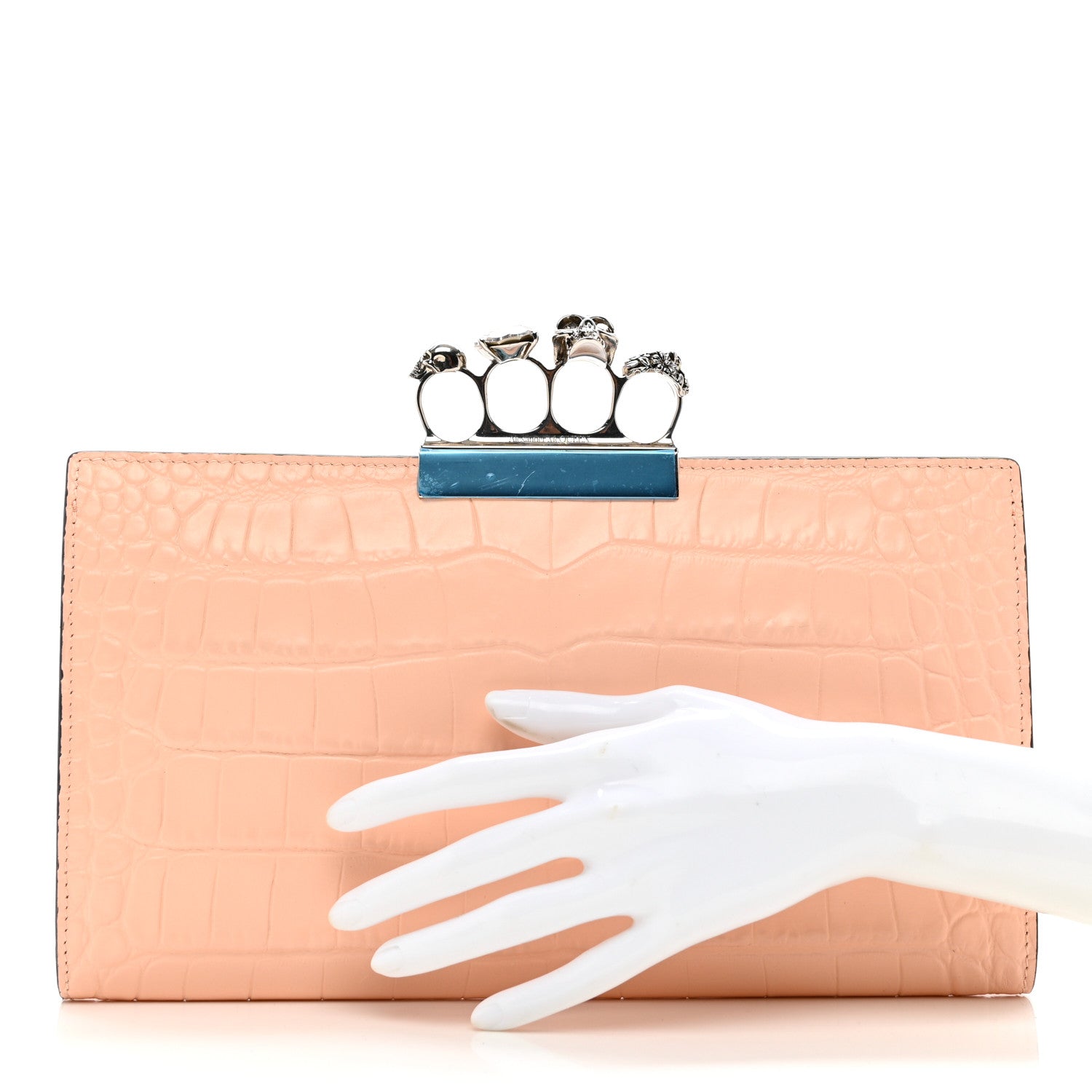 Alexander McQueen Calfskin Crocodile Embossed Knuckle Flat Clutch Colurie Ivory 2 of 7