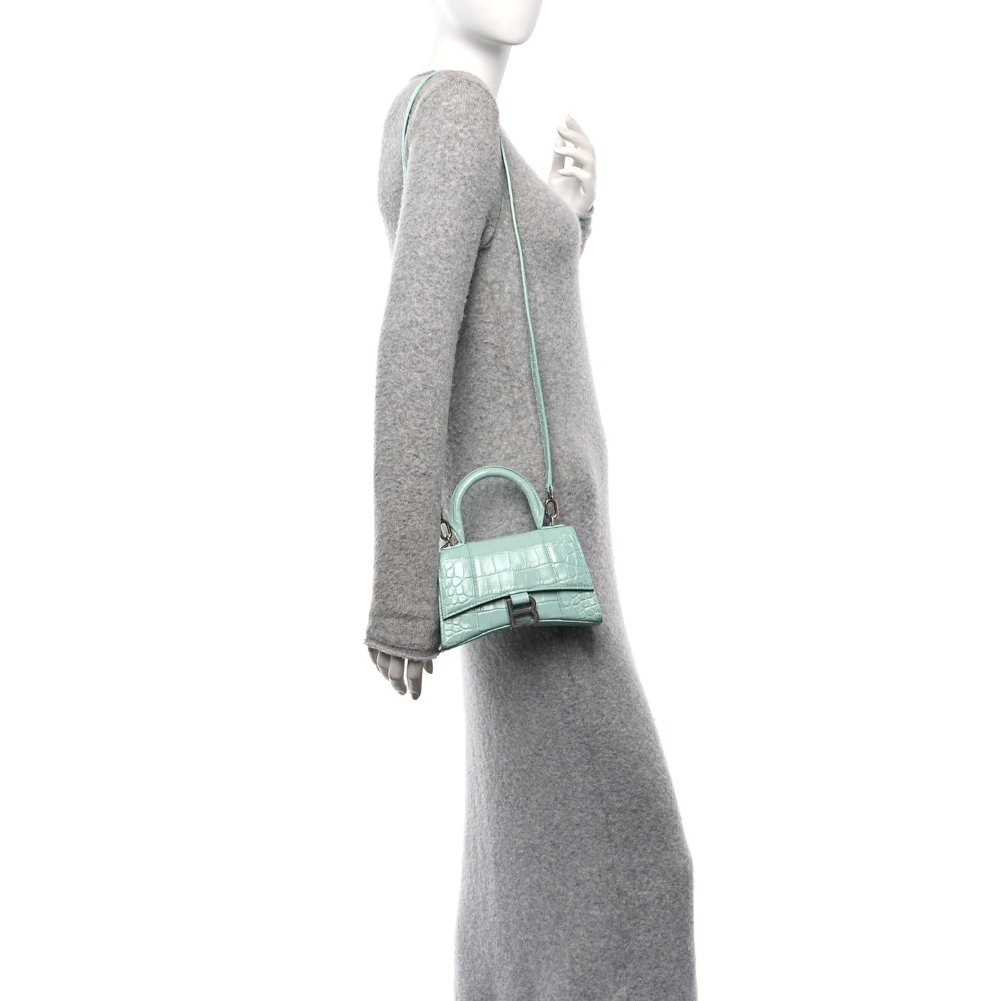 Shiny Calfskin Crocodile Embossed Hourglass Top Handle Bag XS Green Acqua
