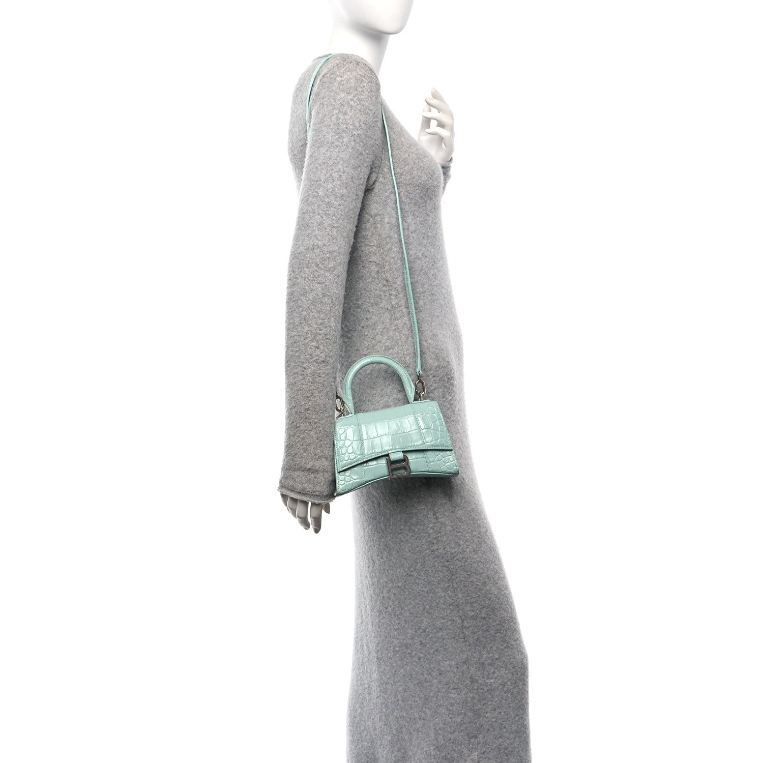 Balenciaga Shiny Calfskin Crocodile Embossed Hourglass Top Handle Bag XS Green Acqua 2 of 14