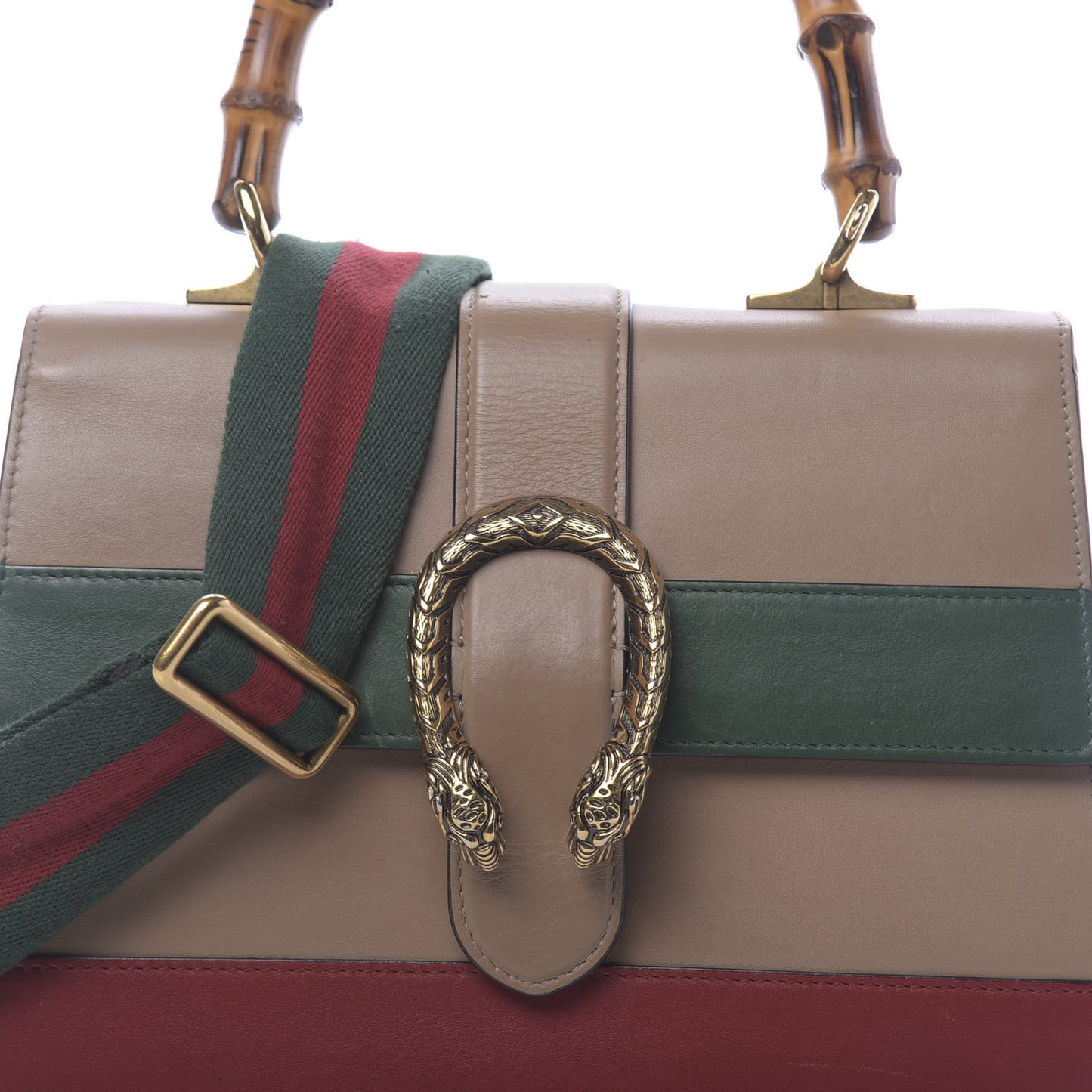 Calfskin Bamboo Web Medium Dionysus Top Handle Bag Camelia Bright Evergreen Hibiscus Red