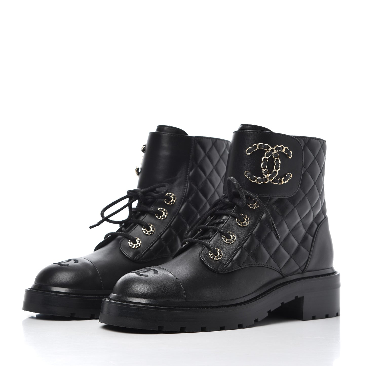 Shiny Lambskin Quilted Lace Up Combat Boots 38 Black