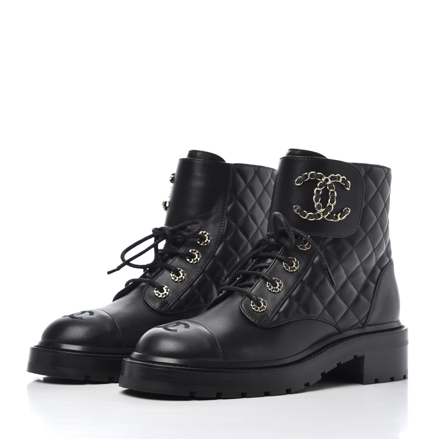 Chanel Shiny Lambskin Quilted Lace Up Combat Boots 38 Black 3 of 11