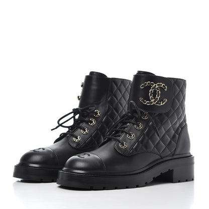 Chanel Shiny Lambskin Quilted Lace Up Combat Boots 38 Black 3 of 11