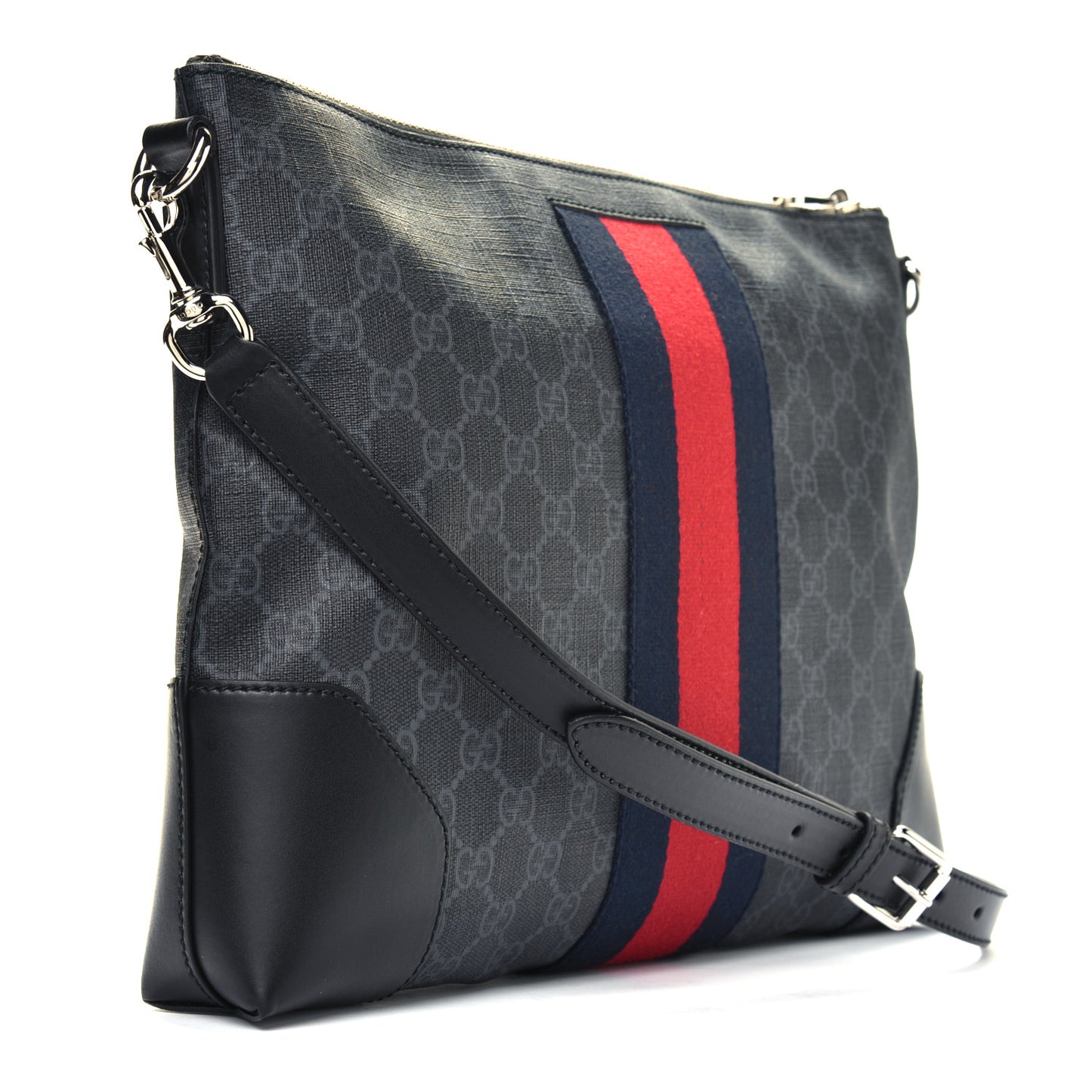 Soft GG Supreme Monogram Appia Calfskin Web East West Messenger Bag Black Grey