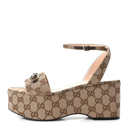 Gucci Monogram Nappa Chalotte Horsebit Ankle Strap 75mm Flatform Sandals 38.5 Beige Ebony 1 of 9