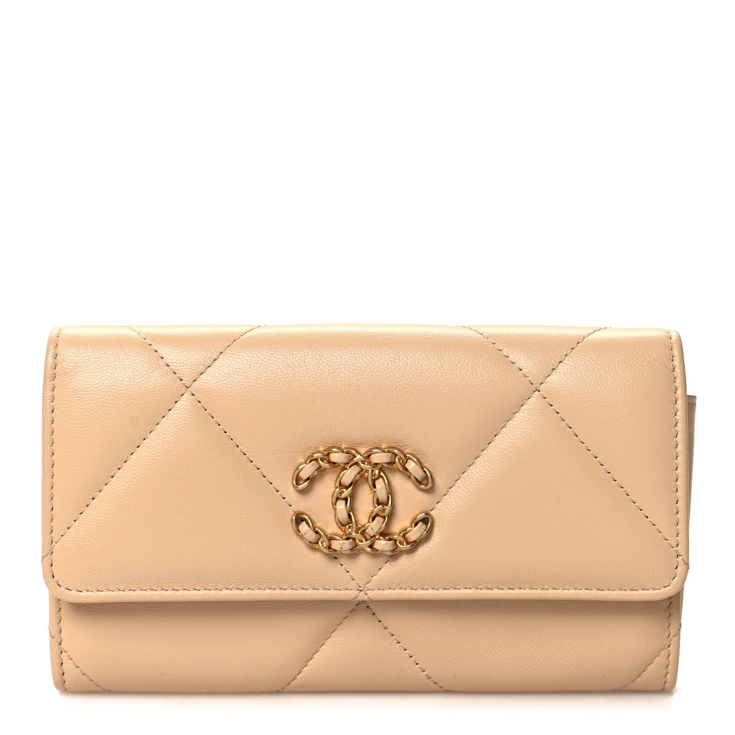 Chanel Shiny Goatskin Quilted Chanel 19 Flap Wallet Beige 1 of 8