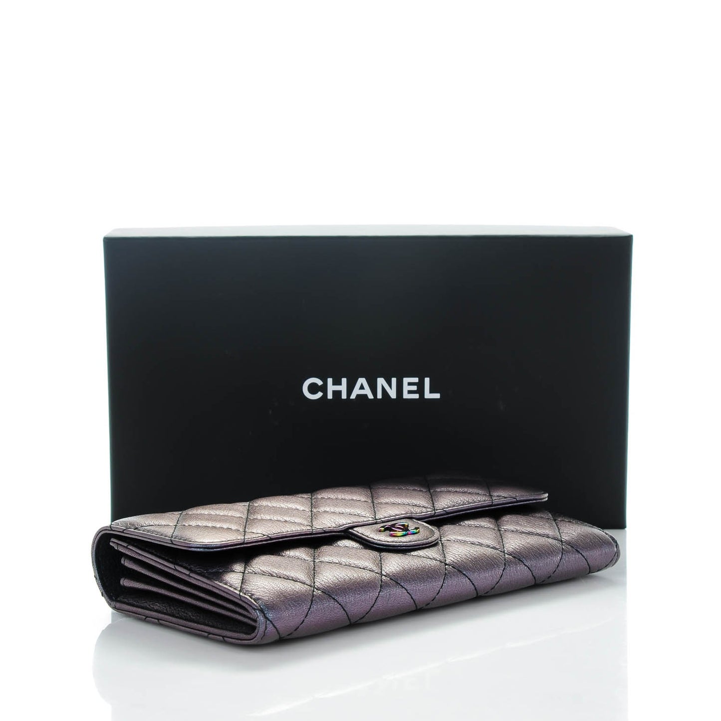 Iridescent Goatskin Quilted Large Flap Wallet Purple
