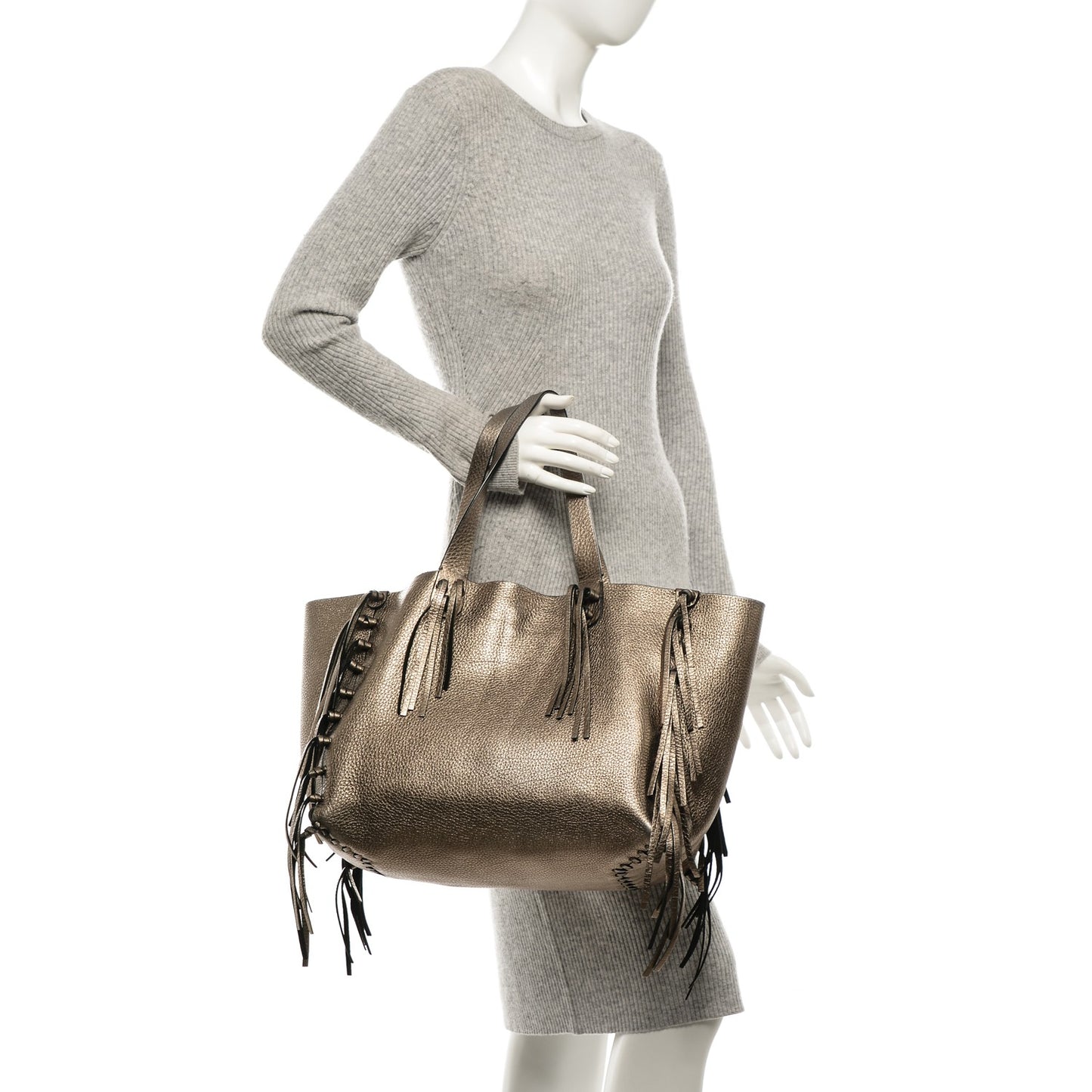 Metallic Grained Calfskin C-Rockee Fringe Tote Sasso