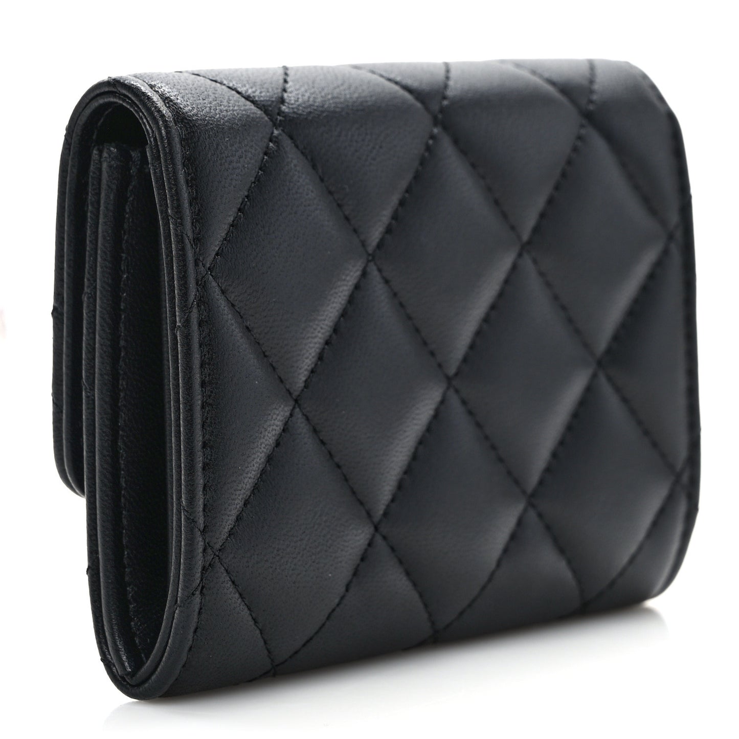Lambskin Quilted Flap Baguette Crystal Card Holder Wallet Black