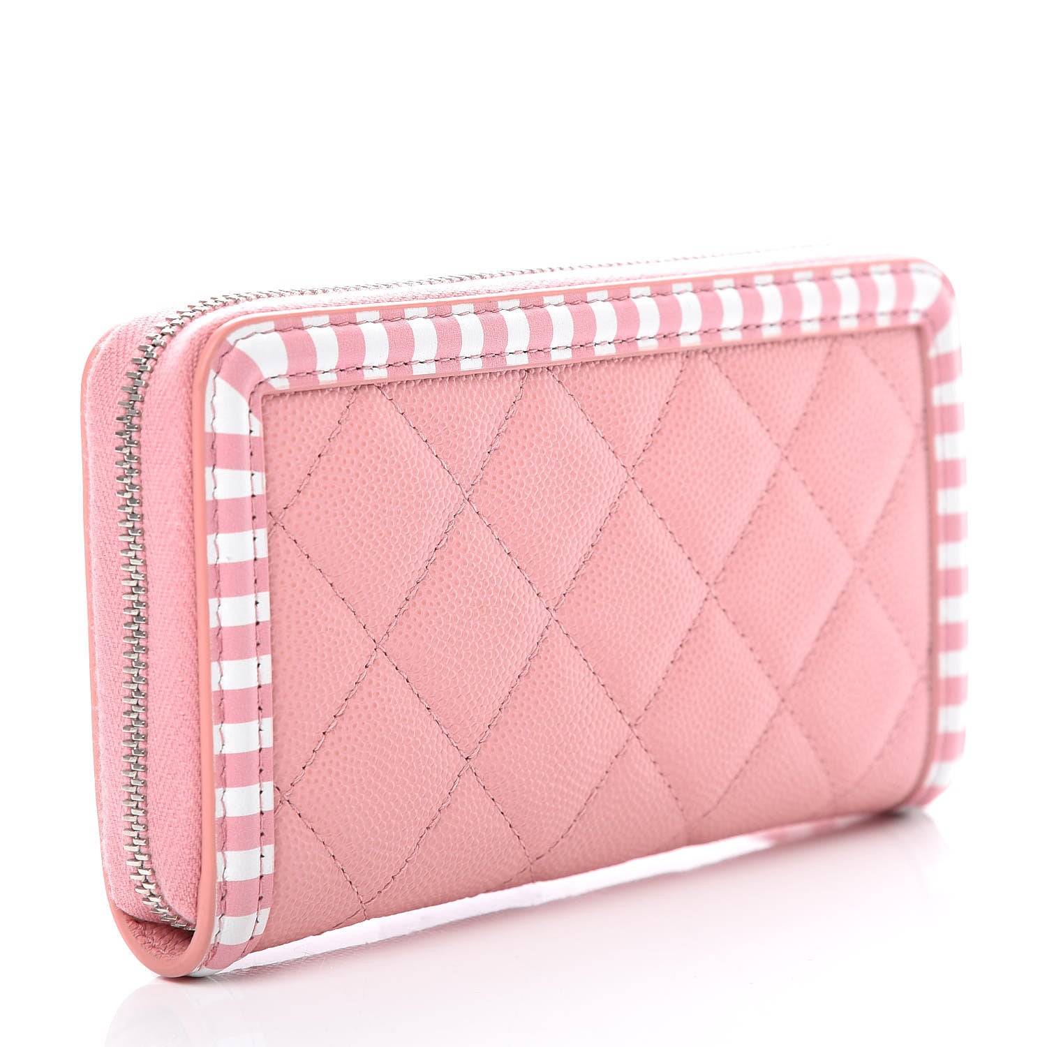 Chanel Caviar Quilted Medium Stripe Filigree Zip Around Wallet Pink White 3 of 9
