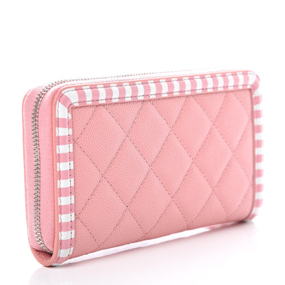 Chanel Caviar Quilted Medium Stripe Filigree Zip Around Wallet Pink White 3 of 9