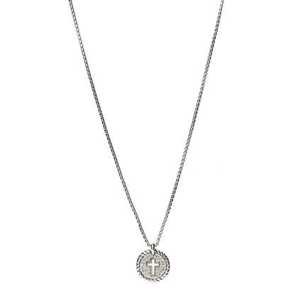 David Yurman Sterling Silver 18K Yellow Gold Diamond Cable Collectibles Cross Charm Pendant Necklace 1 of 5