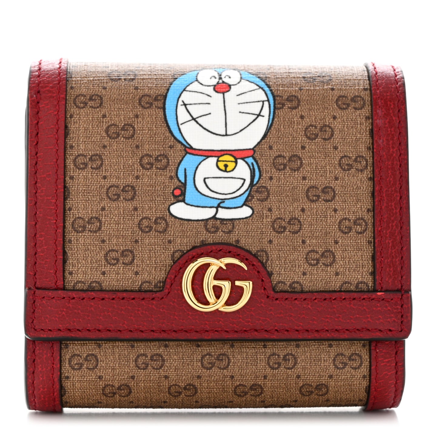 X DORAEMON Mini Vintage GG Supreme Monogram Compact Wallet Beige Cherry Red