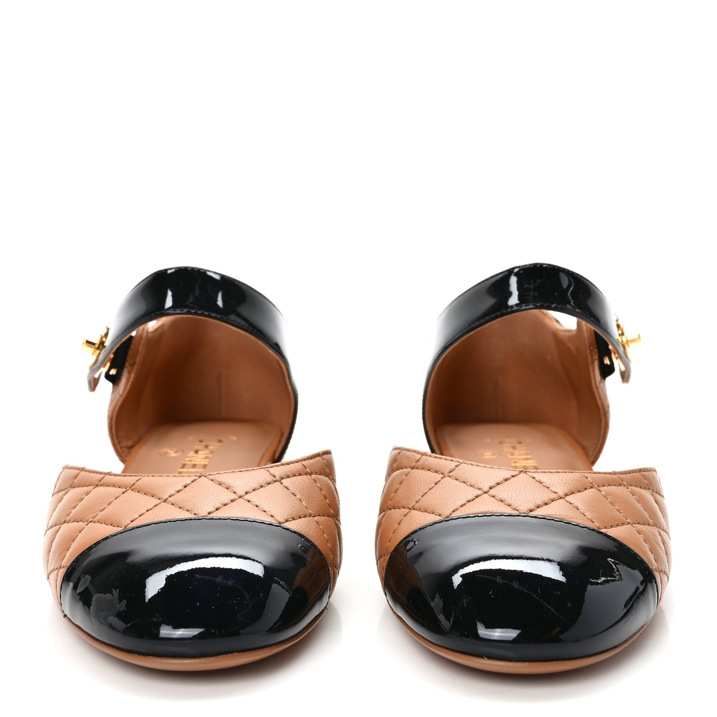 Patent Lambskin Quilted Cap Toe Ballerina Flats 38 Light Brown Black
