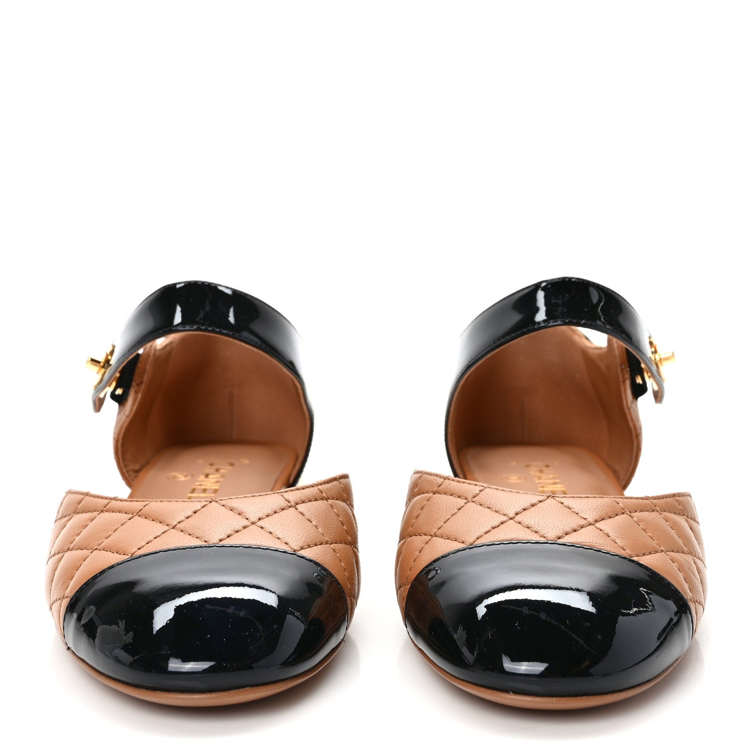 Chanel Patent Lambskin Quilted Cap Toe Ballerina Flats 38 Light Brown Black 2 of 8