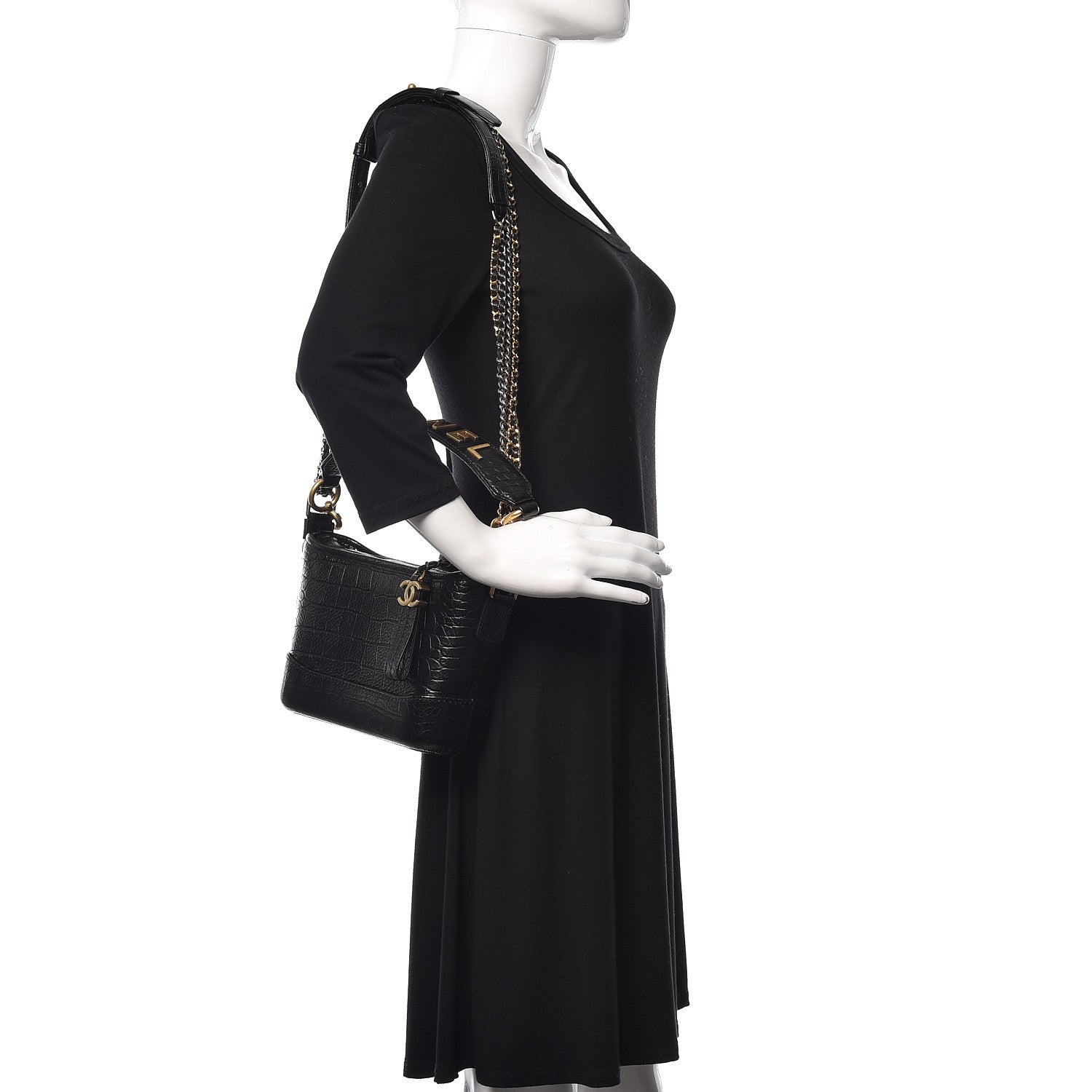 Chanel Calfskin Crocodile Embossed Small Gabrielle Cocodile Hobo Black 2 of 11