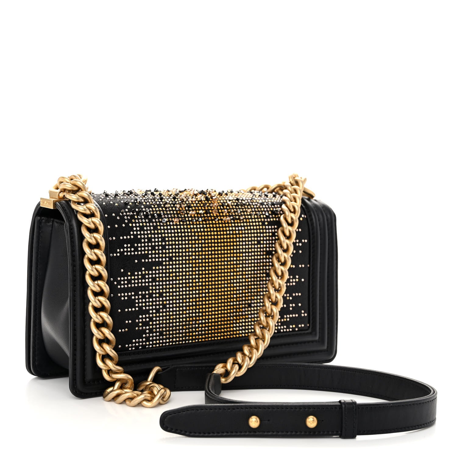 Chanel Calfskin Strass Studded Medium Boy Flap Black Gold 3 of 11
