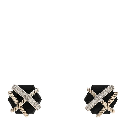 David Yurman Sterling Silver Diamond Black Onyx 11mm Cable Wrap Earrings 1 of 4