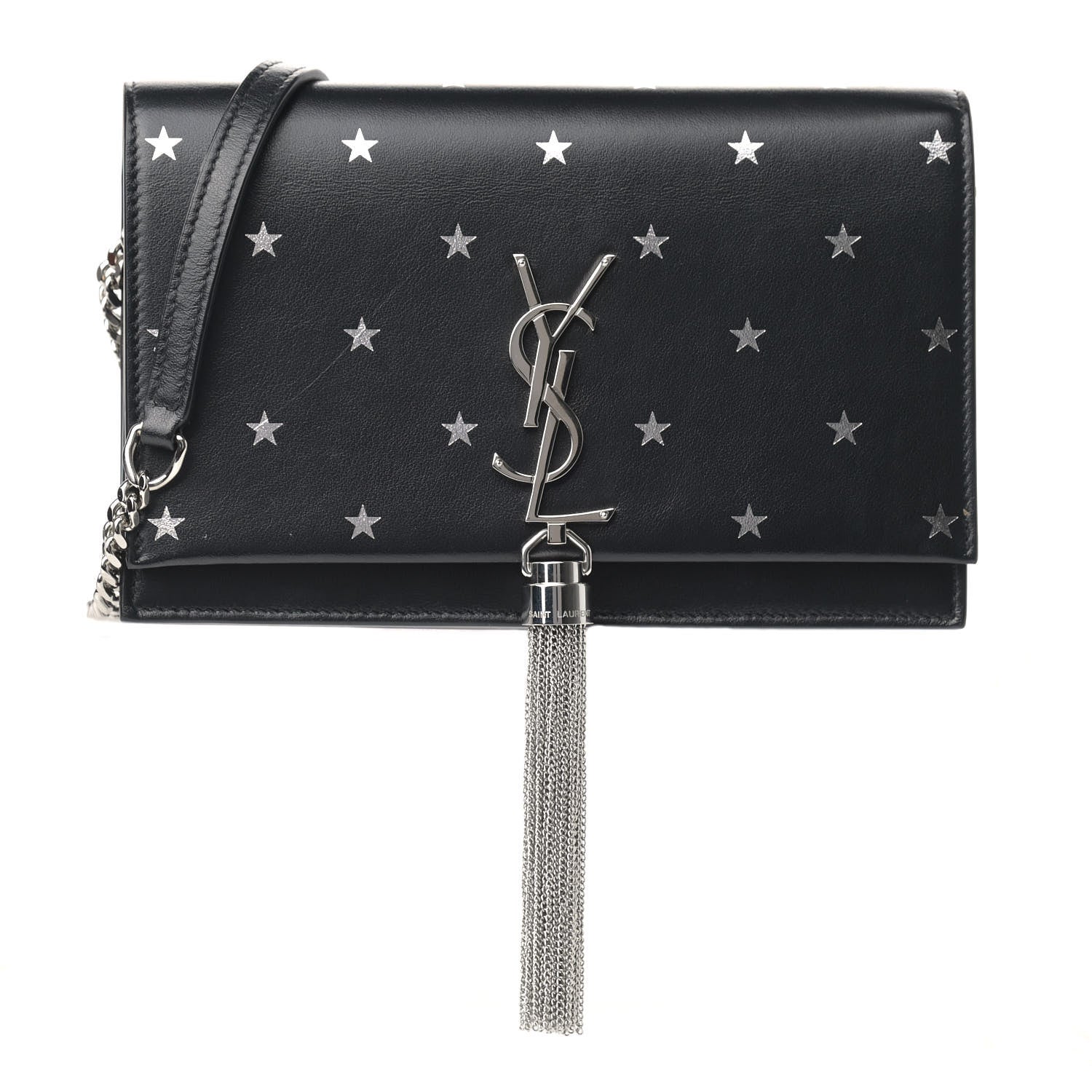 Saint Laurent Calfskin Star Print Monogram Kate Tassel Chain Wallet Black Silver 1 of 9