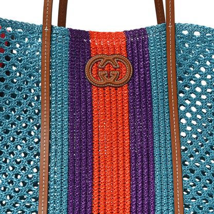 Gucci Raffia Web Woven Interlocking G Tote Blue Multicolor 8 of 10