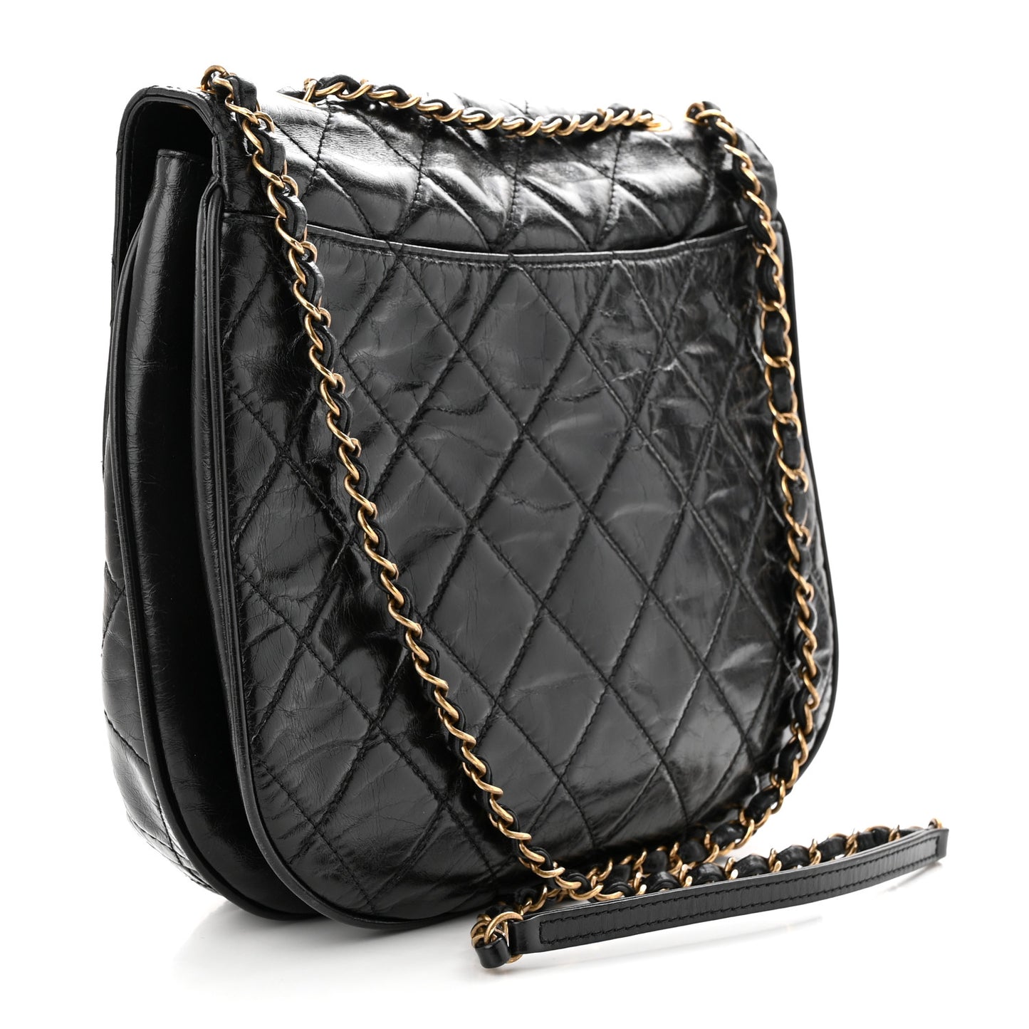 Glazed Calfskin Quilted Medium Bubble CC Flap Black