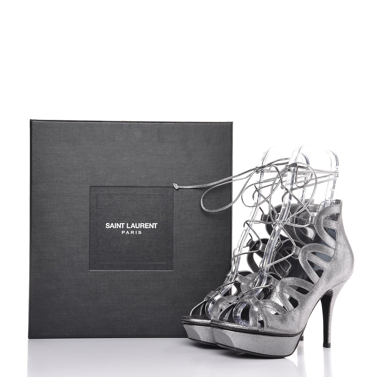 Saint Laurent Metallic Suede Tribute Sixteen 75 Lace Up Platform Sandals 38 Acciaio 10 of 10