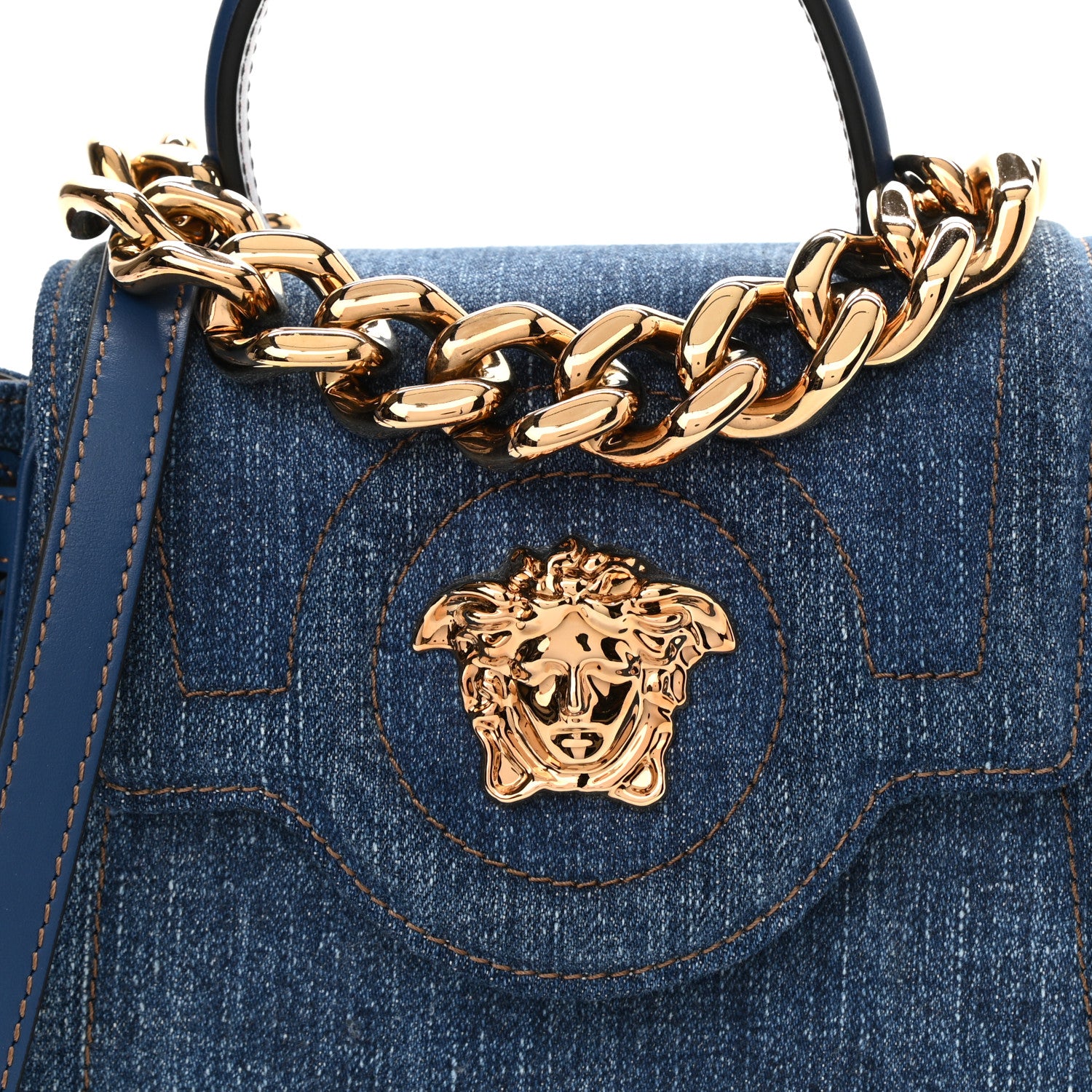 Versace Denim Small La Medusa Chain Top Handle Handbag Navy Blue 6 of 8
