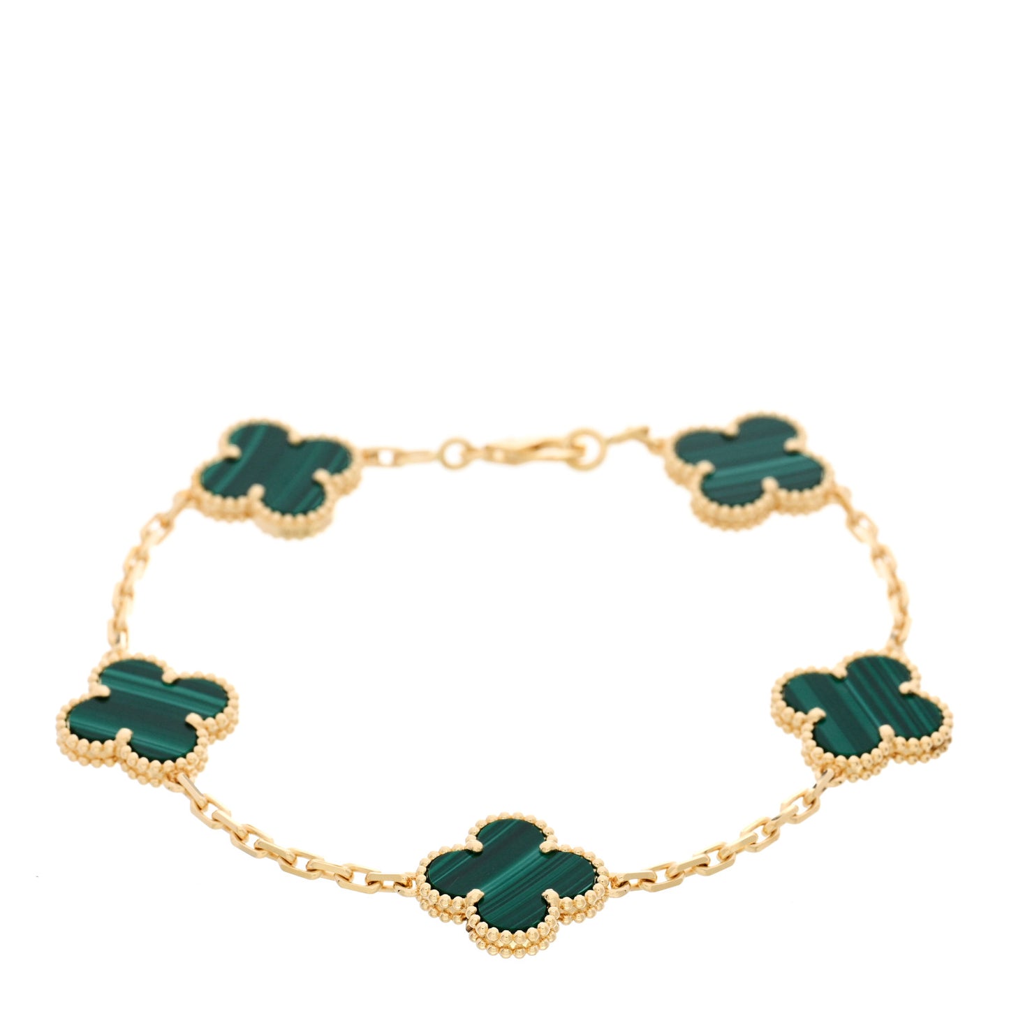 18K Yellow Gold Malachite 5 Motifs Vintage Alhambra Bracelet